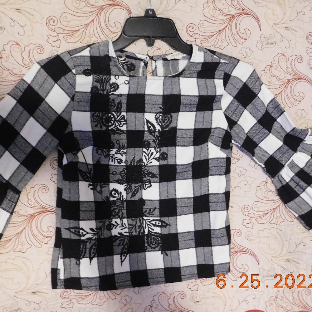 Rebellion Girls Top Black Flannel Plaid Shirt S Back Button Embrodiered design